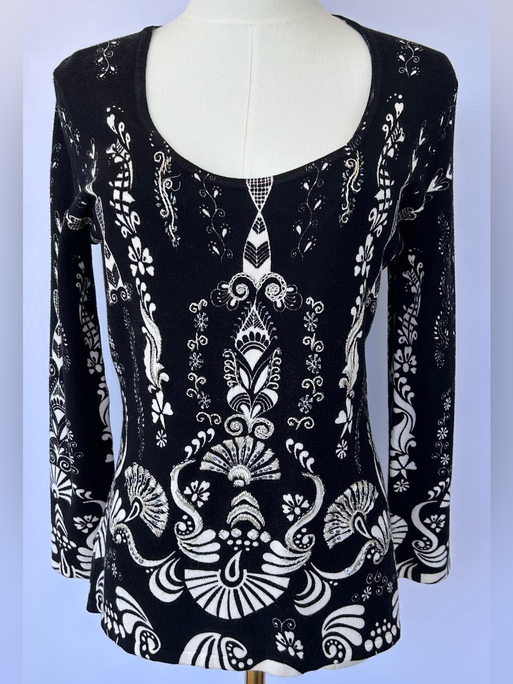 Alberto Makali Women’s Art Deco Style Beaded Top Scoop Neck Long Sleeve Size Med